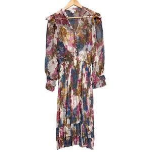 Sundance Floral Cupro Midi Dress XS Multicolor V-Neck Tiered Ruffle Boho